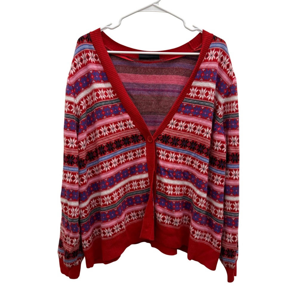 Lane Bryant Fair Isle Snowflake Cardigan Sweater Womens Sz 26/28 Red Pink Purple